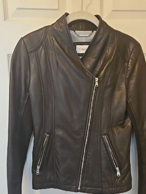 Calvin Klein Women's Black Leather Asymmetrical Zip Moto Jacket Size Small